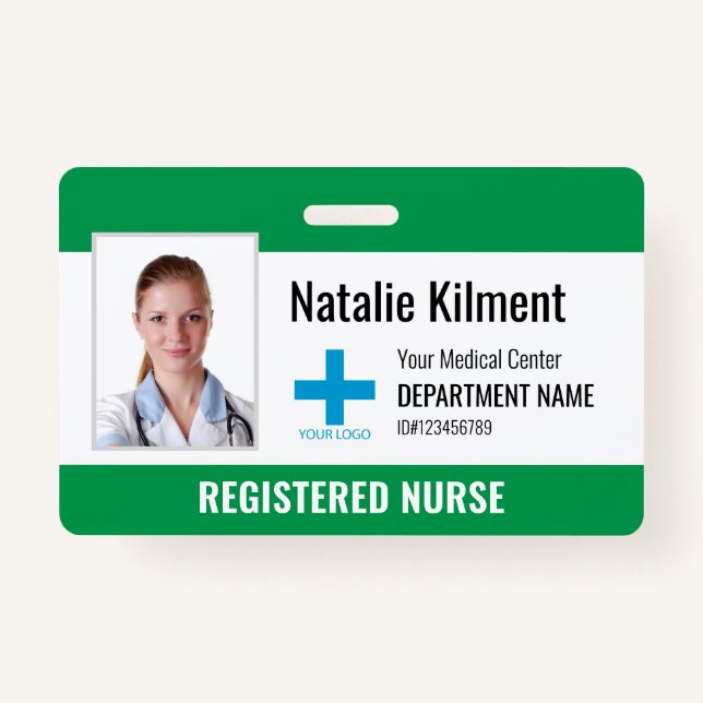 Hospital Employee Photo Name Logo Green and White ID Badge (Front)