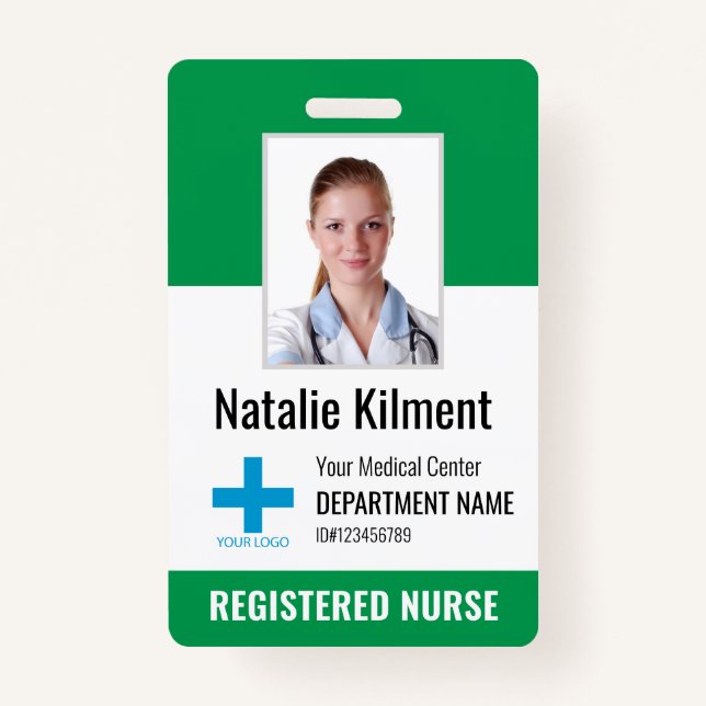 Hospital Employee Photo Name Logo Green and White ID Badge (Front)