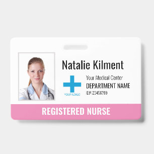 Hospital Employee Photo Name Logo Pink and White ID Badge