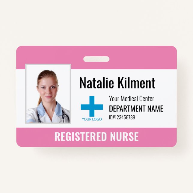 Hospital Employee Photo Name Logo Pink and White ID Badge (Front)