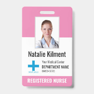 Hospital Employee Photo Name Logo Pink Black White ID Badge