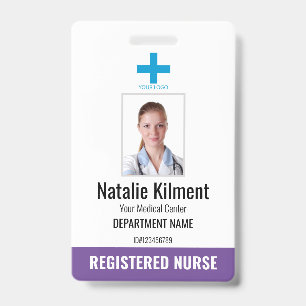 Hospital Employee Photo Name Logo Purple and White ID Badge