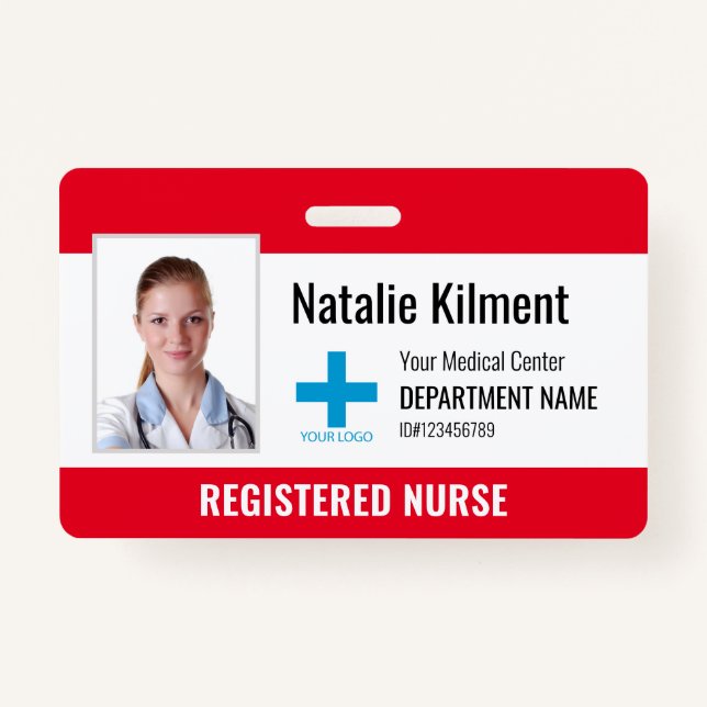 Hospital Employee Photo Name Logo Red and White ID Badge (Front)