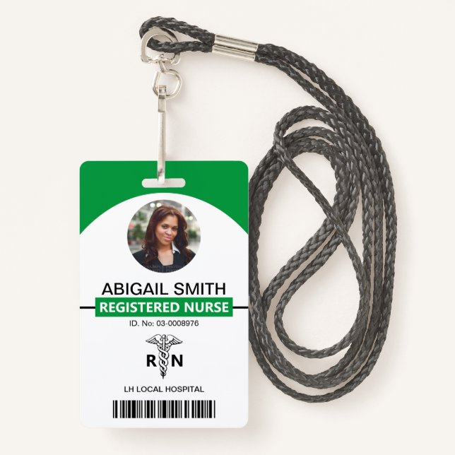 Hospital RN employee caduceus green photo template ID Badge (Front with Lanyard)