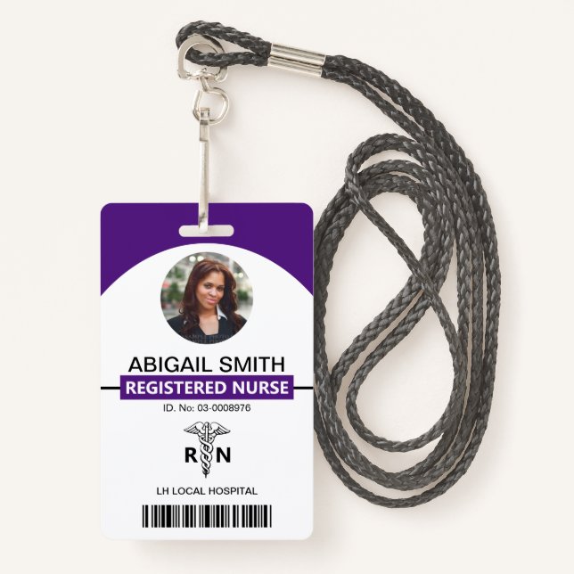 Hospital RN employee caduceus photo template ID Badge (Front with Lanyard)