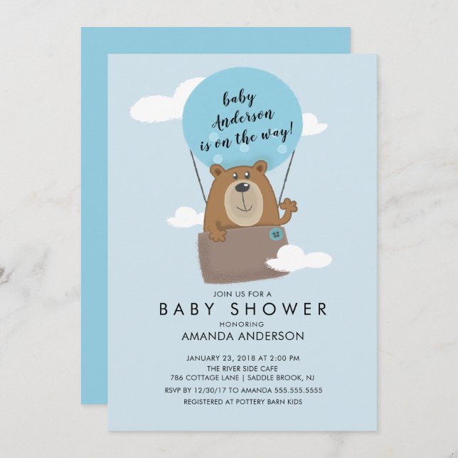 Hot Air Ballon Bear Boys Baby shower Invitation (Front/Back)