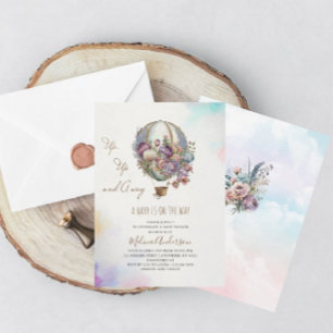 Hot Air Ballon pink lilac clouds watercolor baby s Invitation