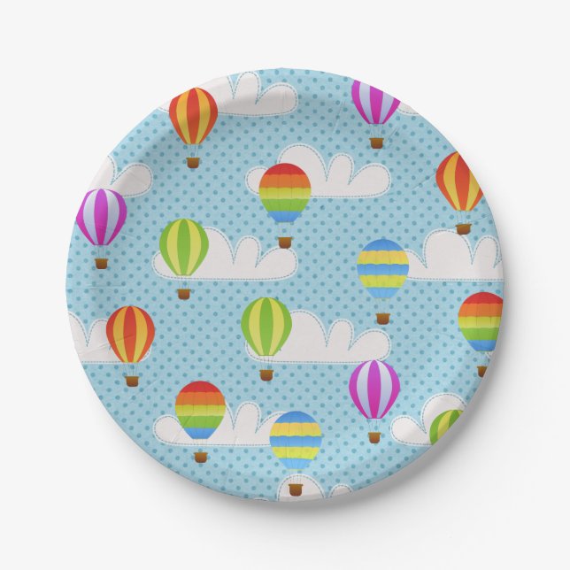 Hot Air Ballons in Cloudy Dotty Sky Paper Plate (Front)