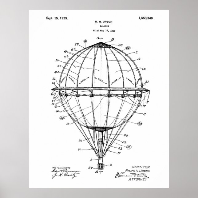 Hot Air Balloon 1925 Patent Art Poster White (Front)