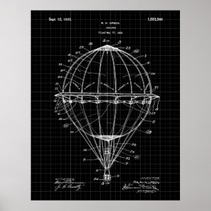 Hot Air Balloon 1925 Patent Art Print Black Grid