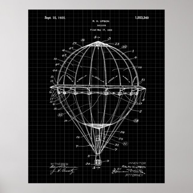 Hot Air Balloon 1925 Patent Art Print Black Grid (Front)