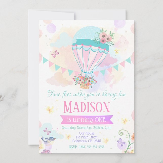 Hot Air Balloon 1st Birthday Invitation (Front)