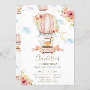 Hot Air Balloon 1st Birthday Jungle Animals Girl Invitation