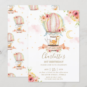 Hot Air Balloon 1st Birthday Jungle Animals Girl Invitation