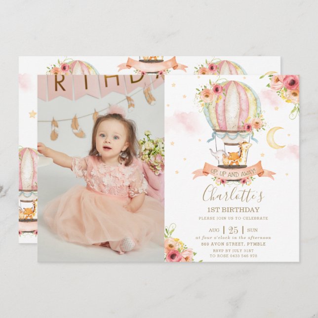 Hot Air Balloon 1st Birthday Jungle Animals Photo Invitation (Front/Back)