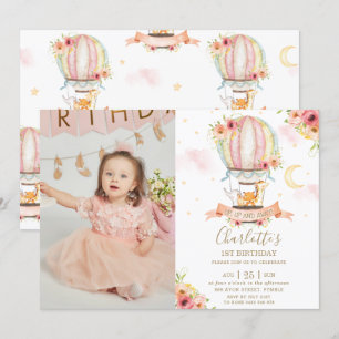 Hot Air Balloon 1st Birthday Jungle Animals Photo Invitation