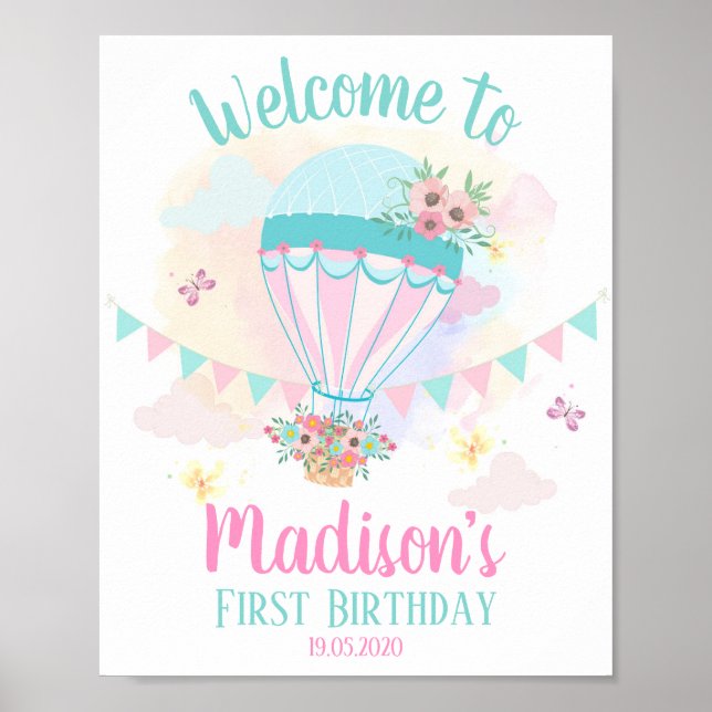 Hot Air Balloon 1st Birthday Welcome Poster (Front)