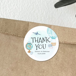 Hot Air Balloon Adventure Blue 1st Birthday Thanks Classic Round Sticker