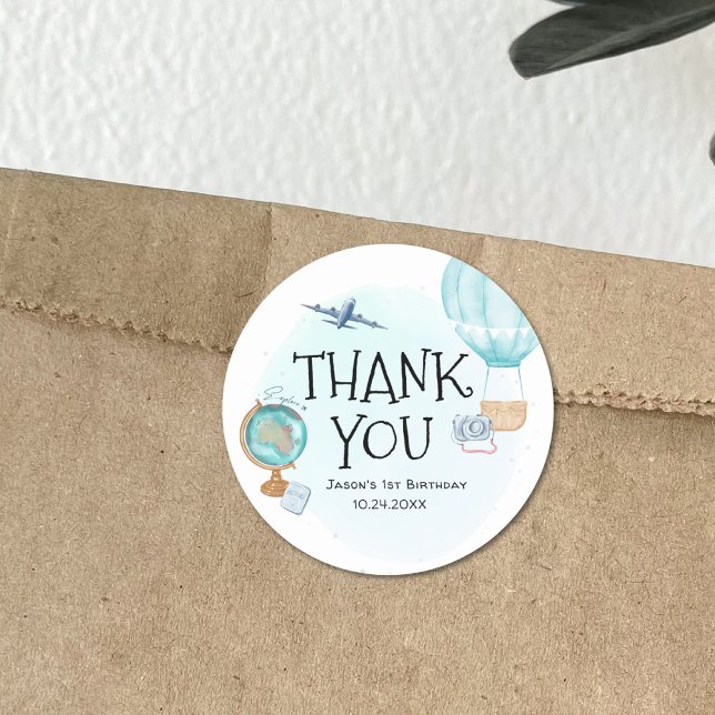 Hot Air Balloon Adventure Blue 1st Birthday Thanks Classic Round Sticker (Creator Uploaded)