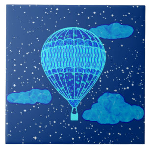 Hot Air Balloon Against a Night Sky in Deep Blue Ceramic Tile