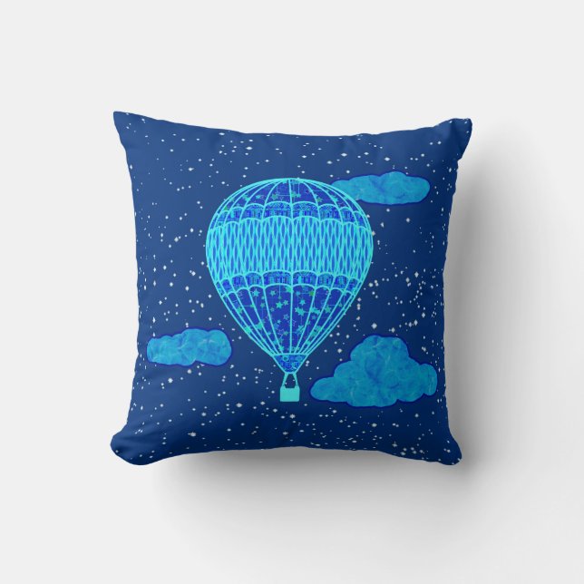 Hot Air Balloon Against a Night Sky in Deep Blue Cushion (Front)