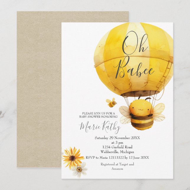 Hot air balloon and Bee Daisy Baby Shower Invitation (Front/Back)