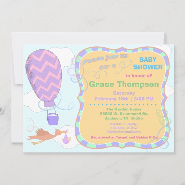 Hot Air Balloon and Stork with Baby Shower Invite (Front)