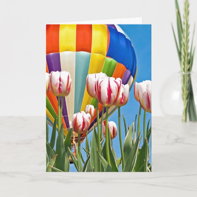Hot air balloon and tulips for thinking of you card (Front)