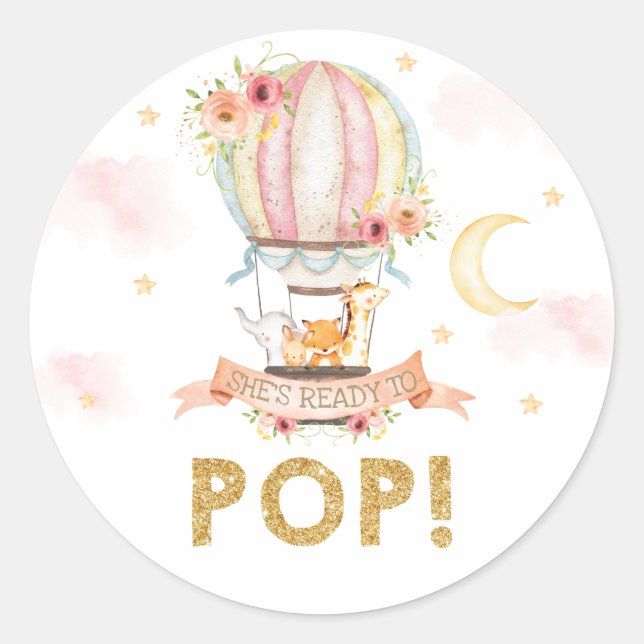 Hot Air Balloon Animal Shower She's Ready to Pop Classic Round Sticker (Front)