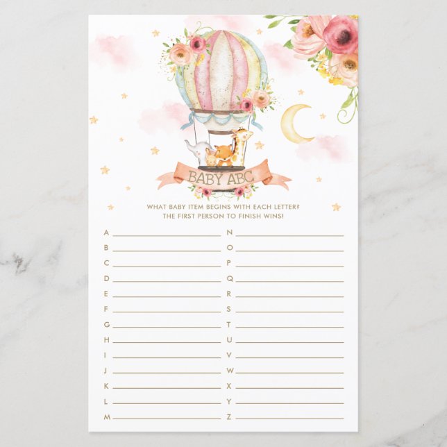 Hot Air Balloon Animals Baby ABC Baby Shower Game (Front)