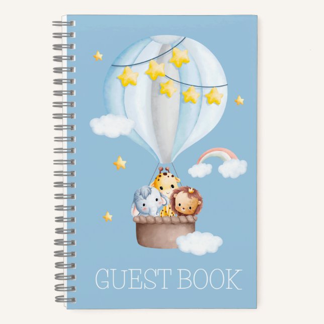 Hot Air Balloon Animals Baby Boy Baby Shower Guest Notebook (Front)
