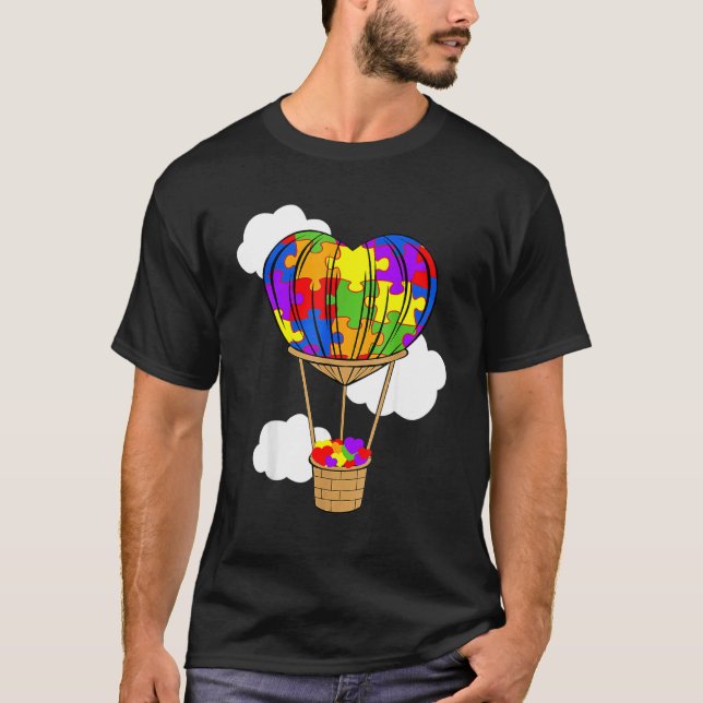 Hot Air Balloon Autism Awareness Cute Heart Puzzle T-Shirt (Front)