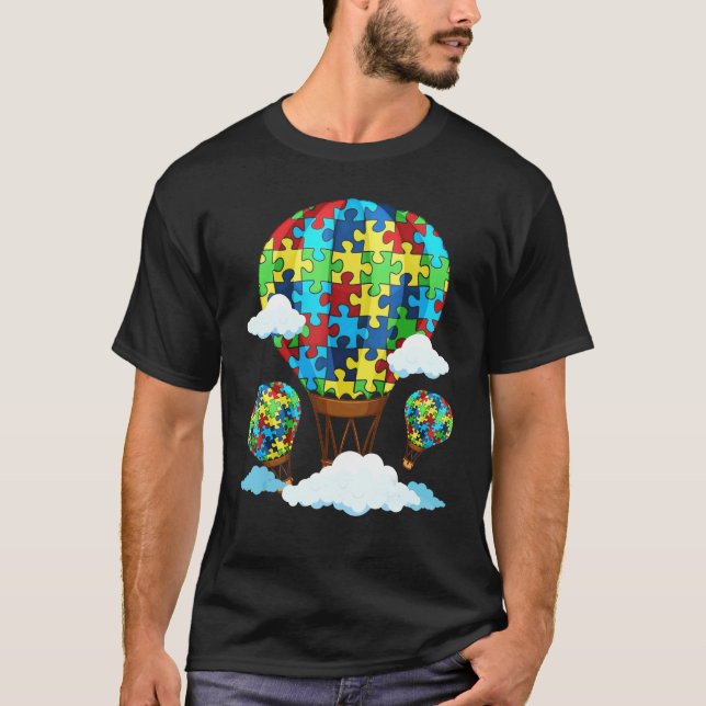 Hot Air Balloon Autism Awareness Cute Heart Puzzle T-Shirt (Front)