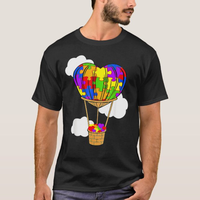 Hot Air Balloon Autism Awareness Cute Heart Puzzle T-Shirt (Front)