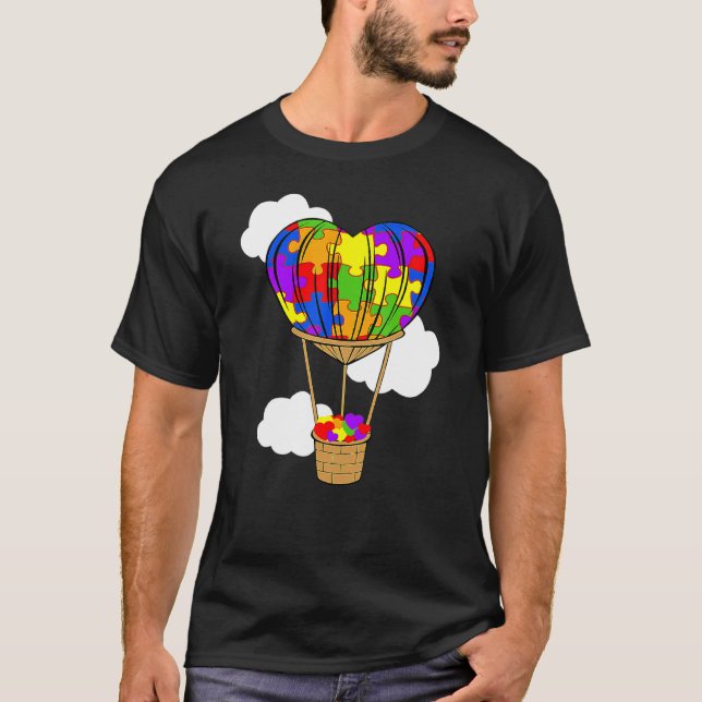 Hot Air Balloon Autism Awareness Cute Heart Puzzle T-Shirt (Front)