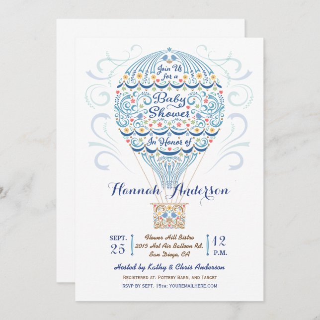 Hot Air Balloon Baby Boy Shower Invitation (Front/Back)