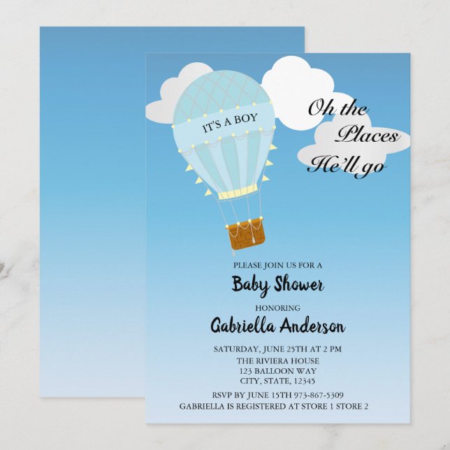 Hot Air Balloon Baby Boy Shower Invitation (Front/Back)
