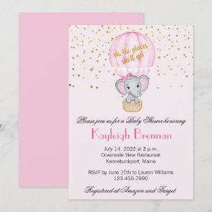 Hot Air Balloon Baby Girl Elephant Baby Shower Invitation