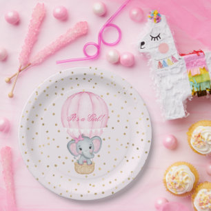 Hot Air Balloon Baby Girl Elephant Baby Shower  Paper Plate
