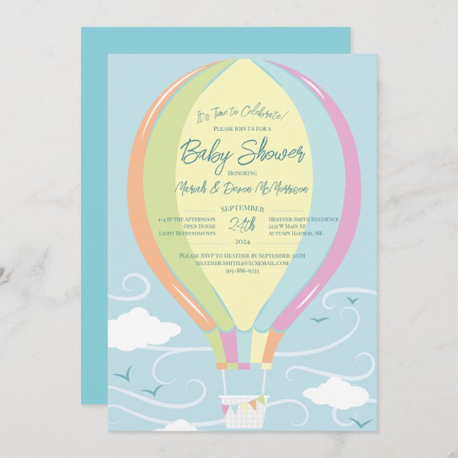 Hot Air Balloon Baby Shower Blue Rainbow Invitation (Front/Back)