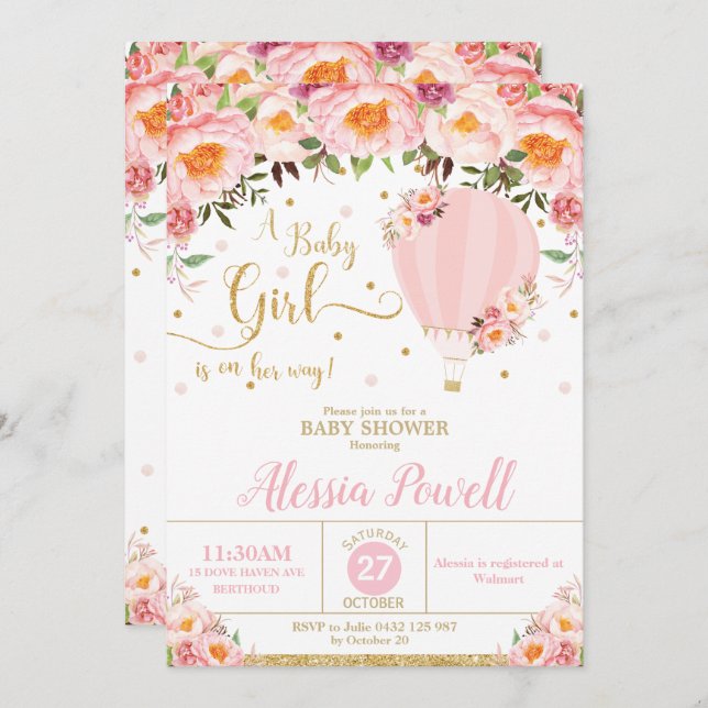 Hot Air Balloon Baby Shower Blush Floral Baby Girl Invitation (Front/Back)