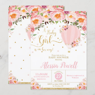 Hot Air Balloon Baby Shower Blush Floral Baby Girl Invitation