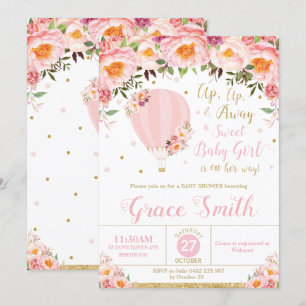 Hot Air Balloon Baby Shower Blush Floral Baby Girl Invitation