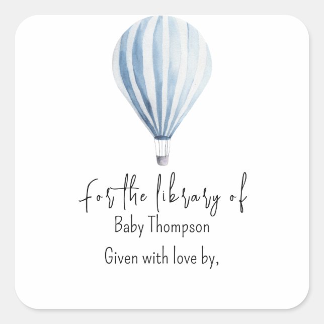 Hot air balloon - baby shower bookplate square sticker (Front)