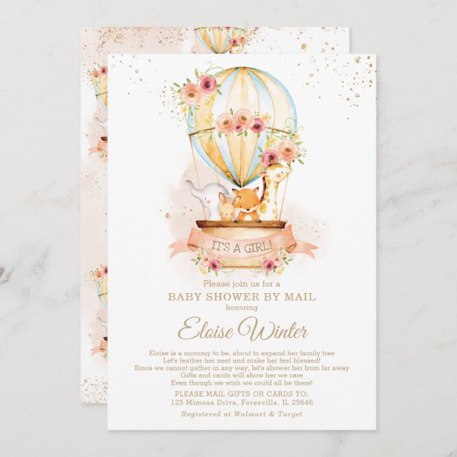 Hot Air Balloon Baby Shower by Mail Cute Animals Invitation (Front/Back)