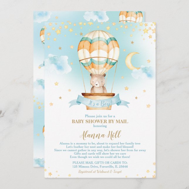 Hot Air Balloon Baby Shower by Mail Teddy Bear Invitation (Front/Back)