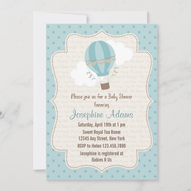 Hot Air Balloon Baby Shower Invitation Blue (Front)