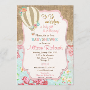 Hot air balloon baby shower invitation burlap lace