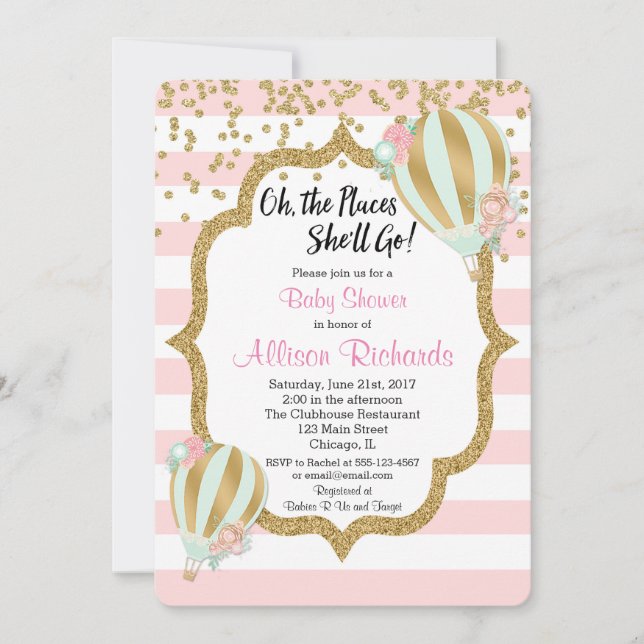 hot air balloon baby shower invitation pink gold (Front)