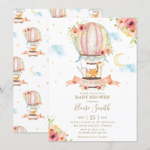 Hot Air Balloon Baby Shower Jungle Animals Girl Invitation